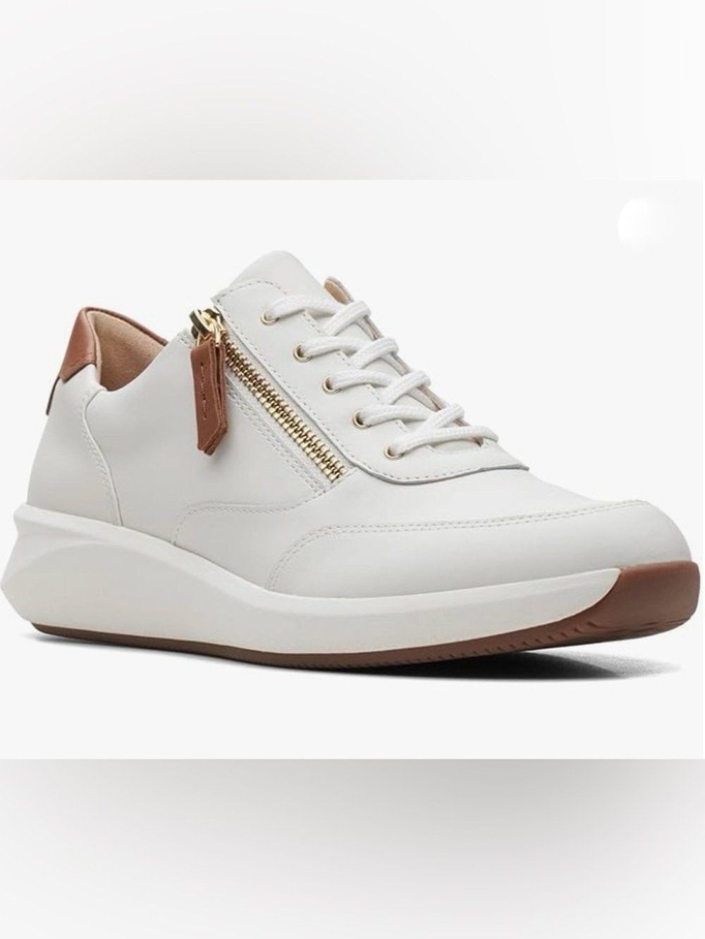 Clarks Women's White Leather Sneakers with Gold Zip and Brown Accents Size 8.5